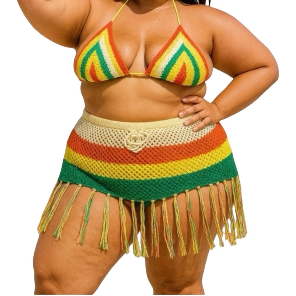 SHEIN Plus Crochet bikini top & Fringe Skirt Rasta Colors Adjustable Set 1X-3X